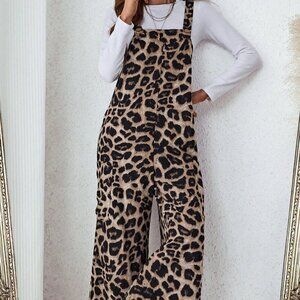 Khaki Casual Women's Leopard Print Pocket Loose Jumpsuit